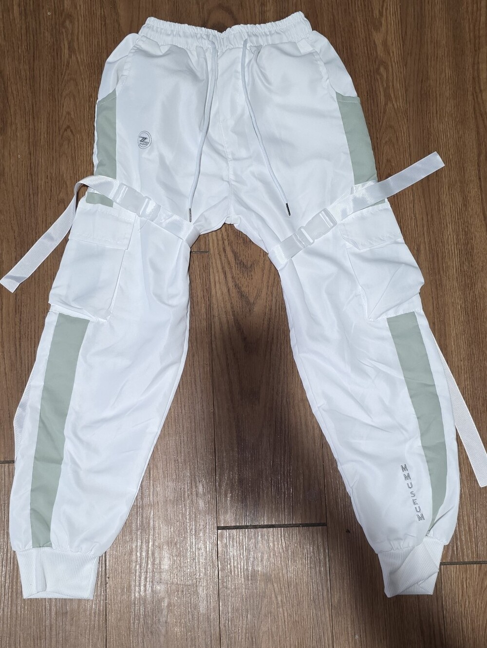 Muse White Jogger Cargo Pants with Sage Green Stripes